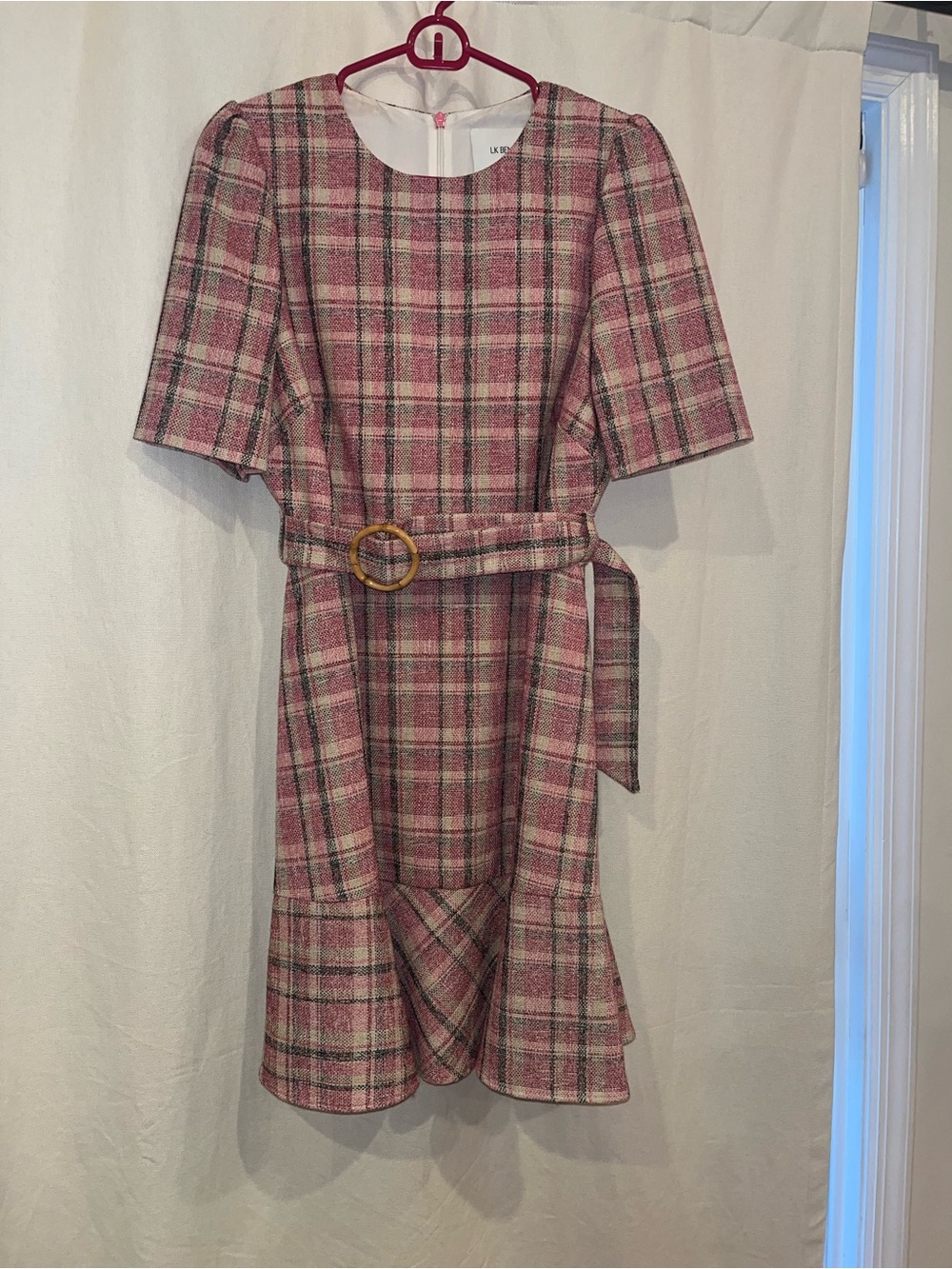 LK Bennett Pink Plaid Belted Midi Dress
